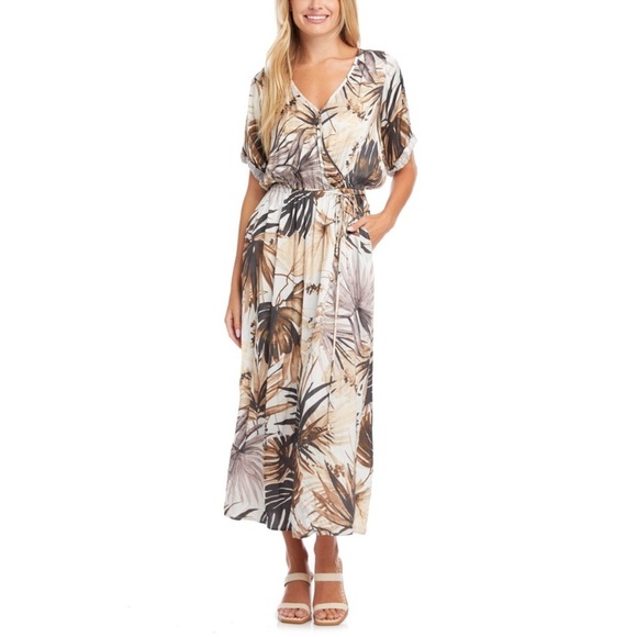 Karen Kane Cream and Brown Sundress with Dolman Sleeves and V-Neck - Picture 1 of 8